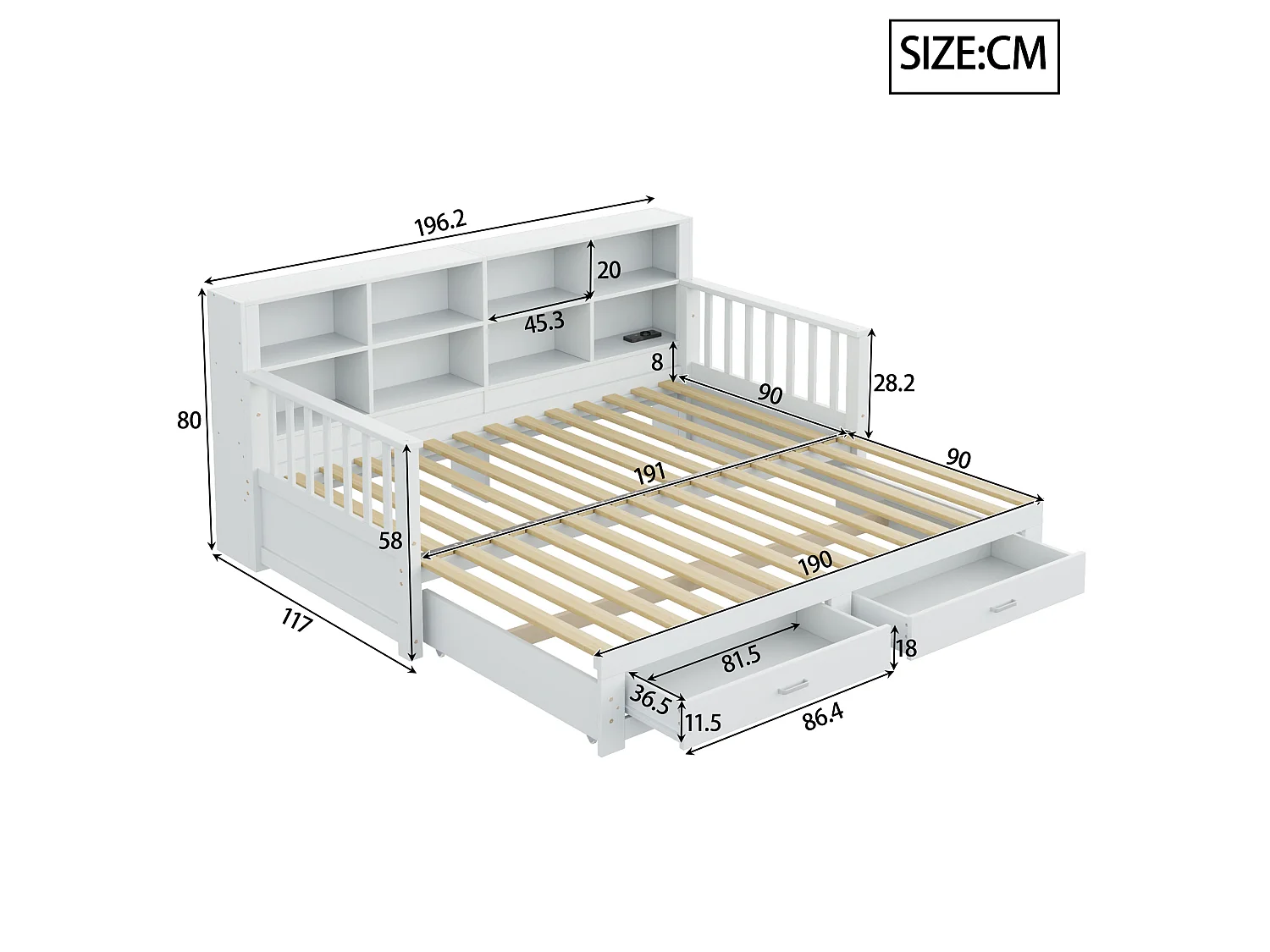 Dagbed 90 x 190 cm, uitschuifbaar tot 180 x 190 cm - Kinderbed met stopcontact, 2 lades en planken - Wit
