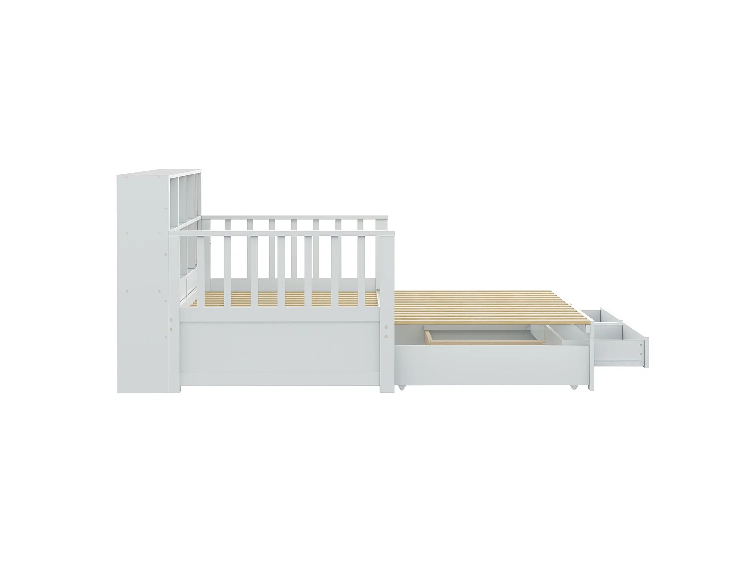 Dagbed 90 x 190 cm, uitschuifbaar tot 180 x 190 cm - Kinderbed met stopcontact, 2 lades en planken - Wit