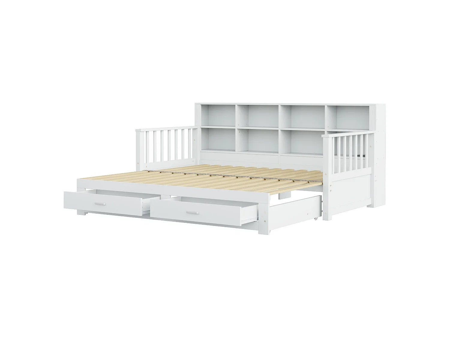 Dagbed 90 x 190 cm, uitschuifbaar tot 180 x 190 cm - Kinderbed met stopcontact, 2 lades en planken - Wit