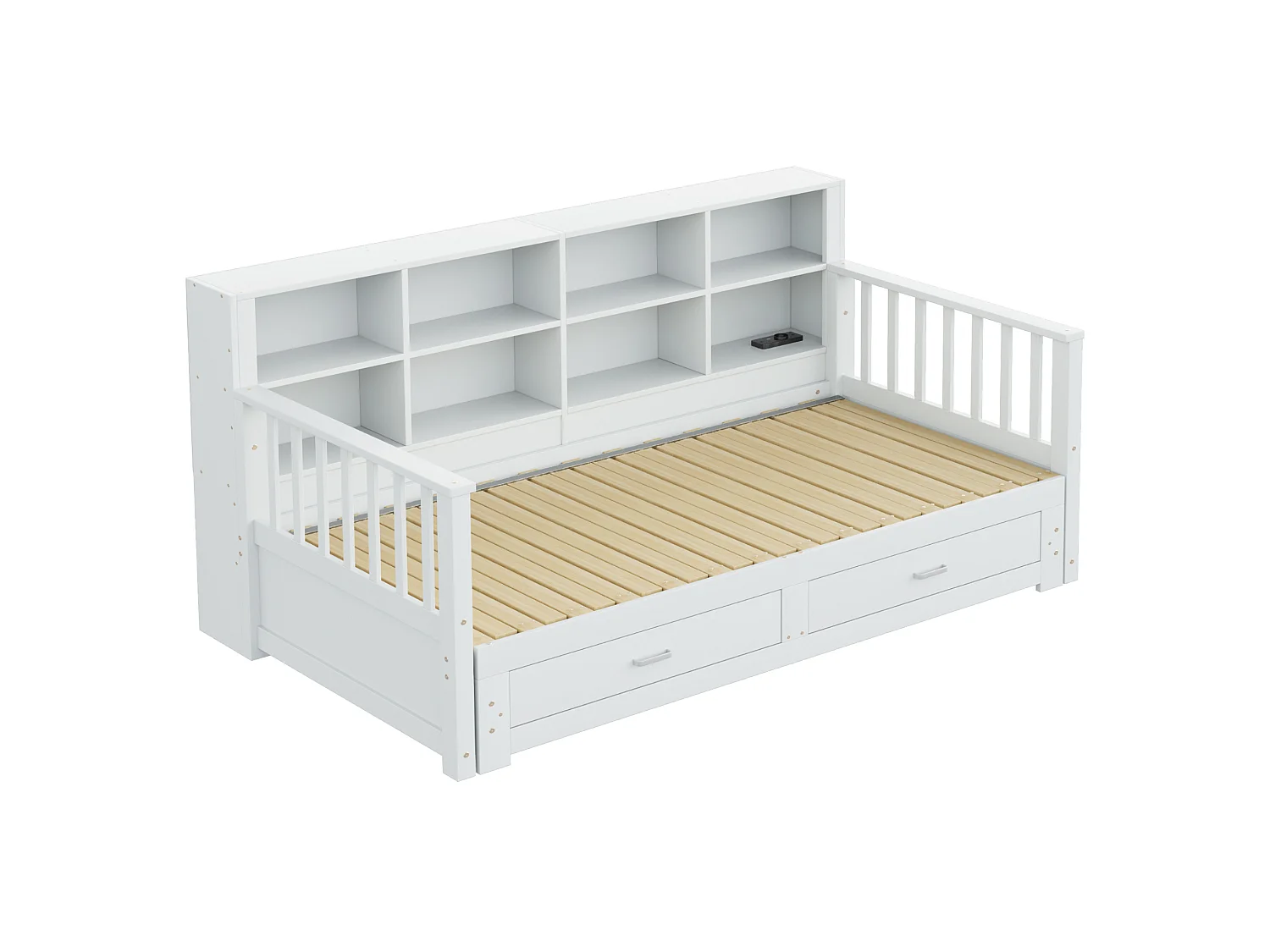 Dagbed 90 x 190 cm, uitschuifbaar tot 180 x 190 cm - Kinderbed met stopcontact, 2 lades en planken - Wit
