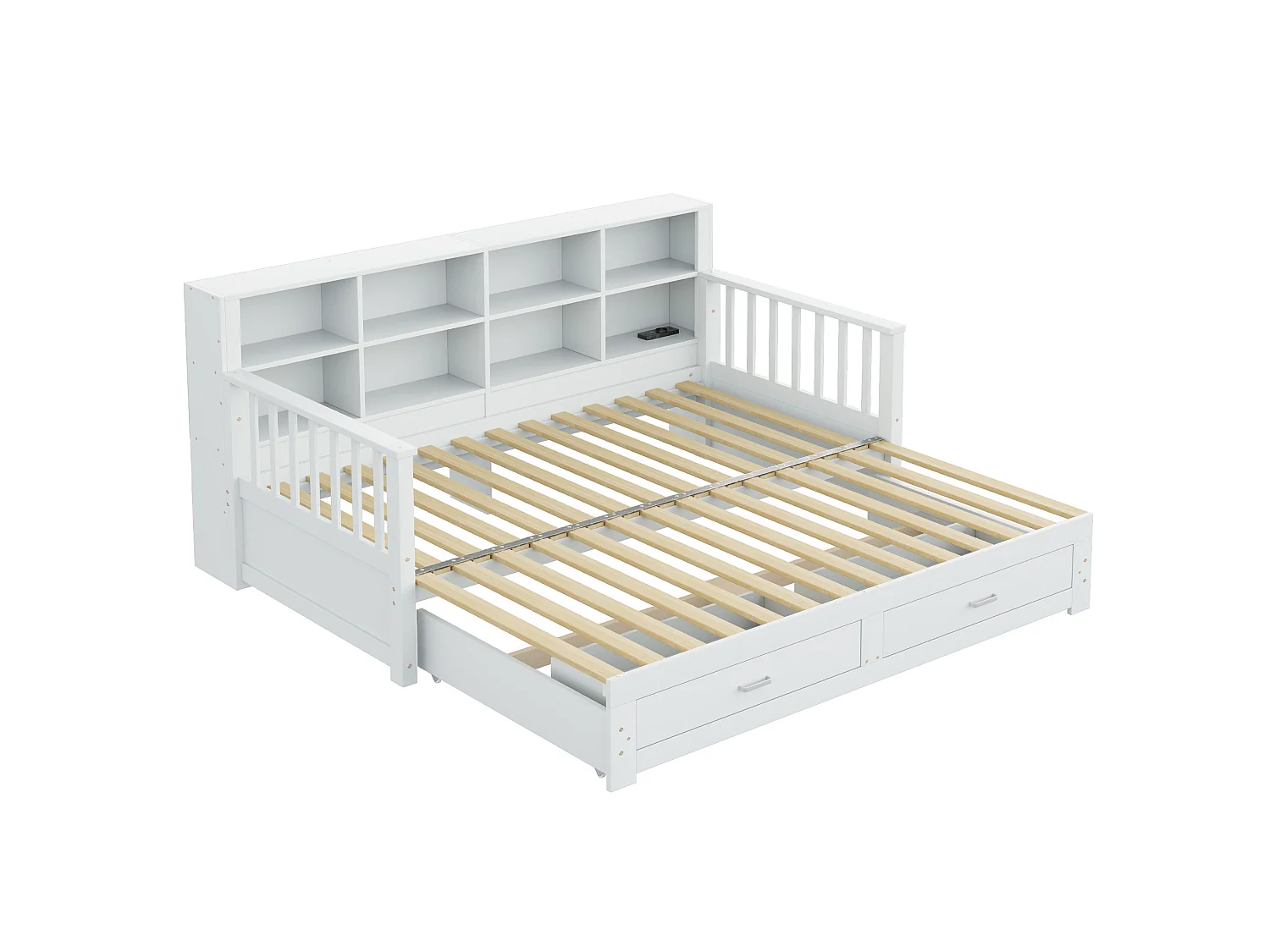 Dagbed 90 x 190 cm, uitschuifbaar tot 180 x 190 cm - Kinderbed met stopcontact, 2 lades en planken - Wit