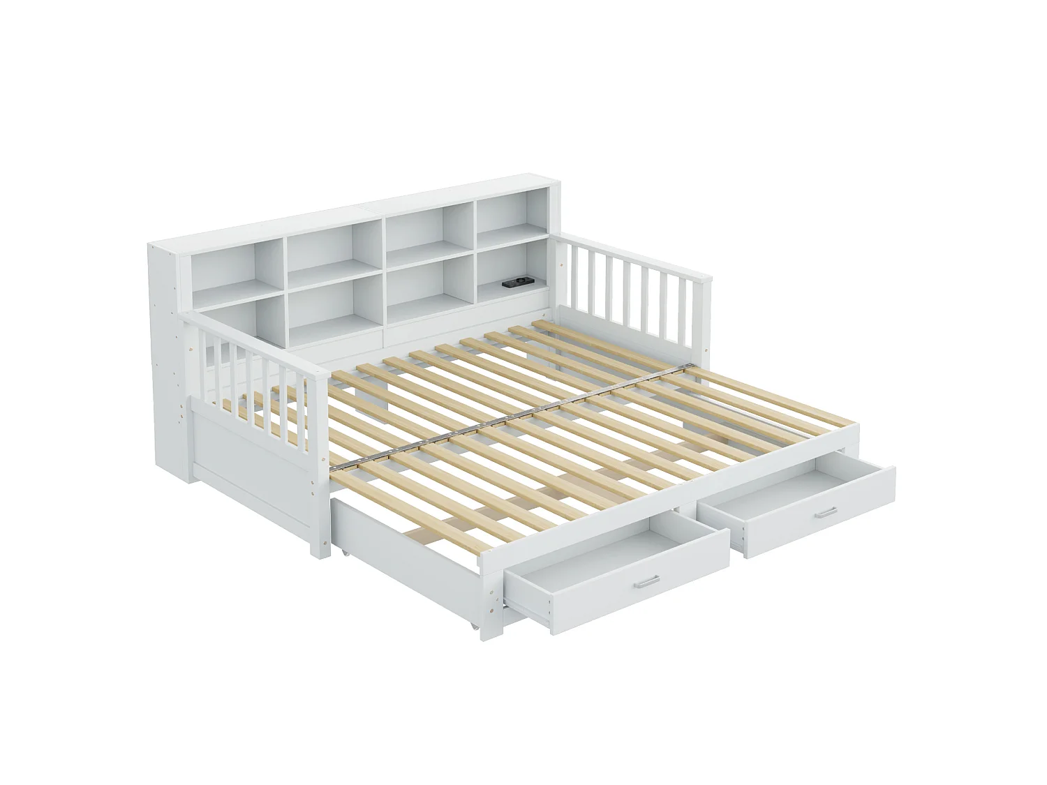 Dagbed 90 x 190 cm, uitschuifbaar tot 180 x 190 cm - Kinderbed met stopcontact, 2 lades en planken - Wit