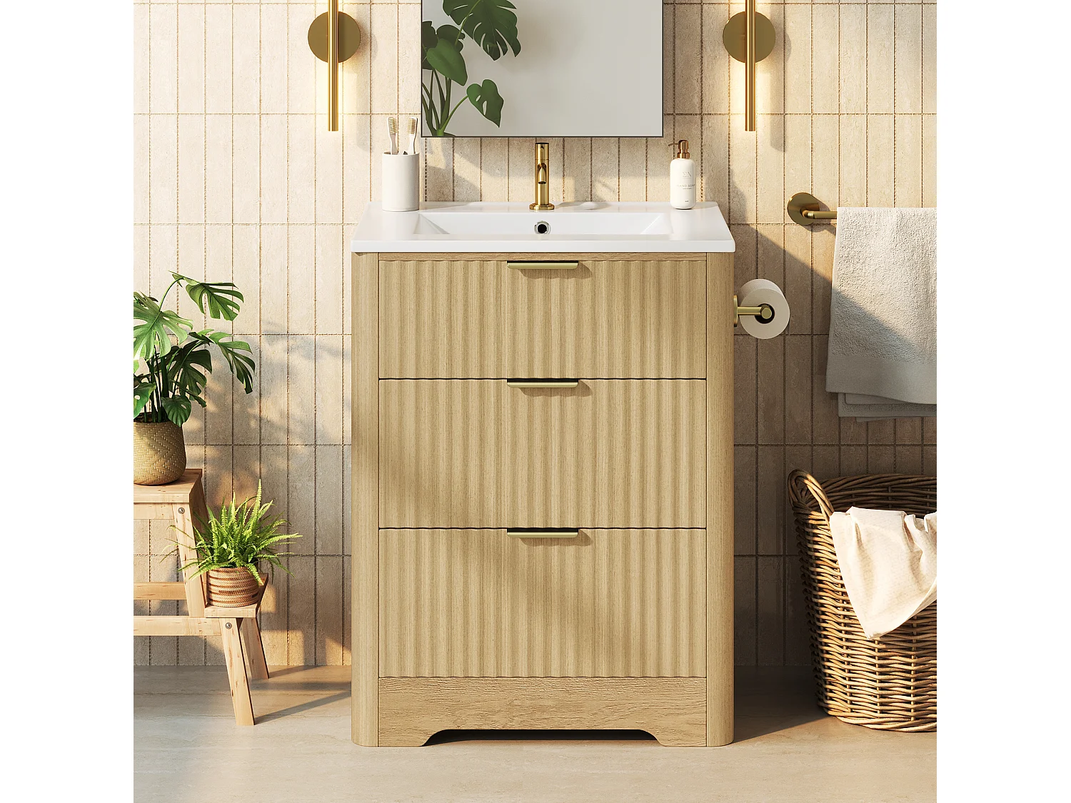 Badrumsskåp 61cm med Keramisk Handfat - Underhandfat på ben, Optimerade Lådor, Vändbar Pappershållare, Modern Trädesign