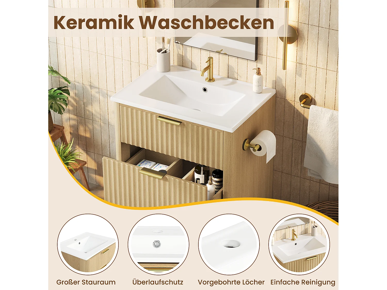 Badrumsskåp 61cm med Keramisk Handfat - Underhandfat på ben, Optimerade Lådor, Vändbar Pappershållare, Modern Trädesign