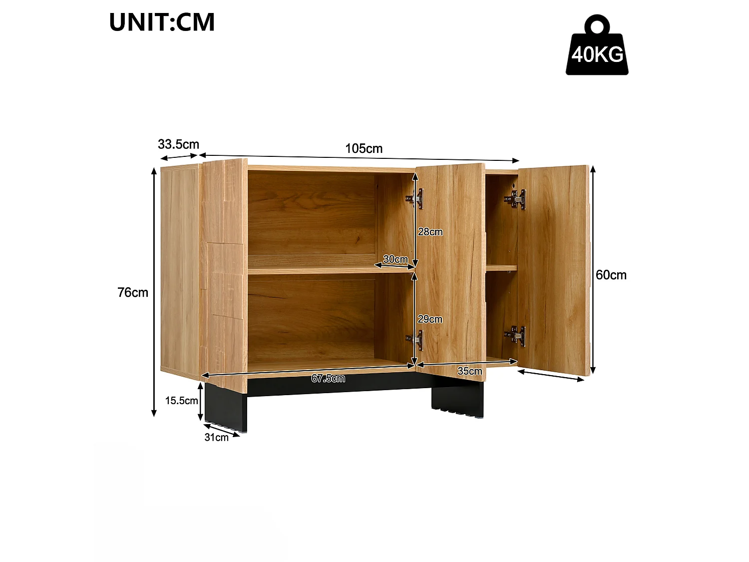 Buffet avec 3 portes et étagères réglables - Bois et noir 105x33,5x76 cm