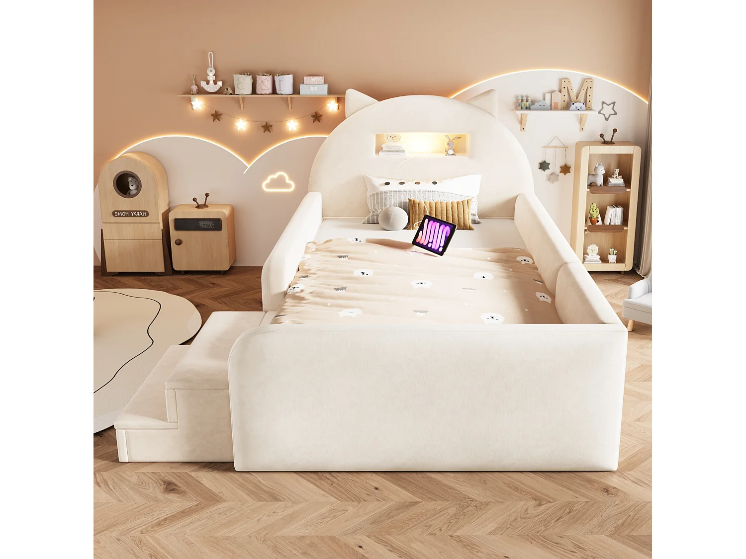 Lit enfant 90x200 cm en velours avec 4 tiroirs, LED et USB - Beige