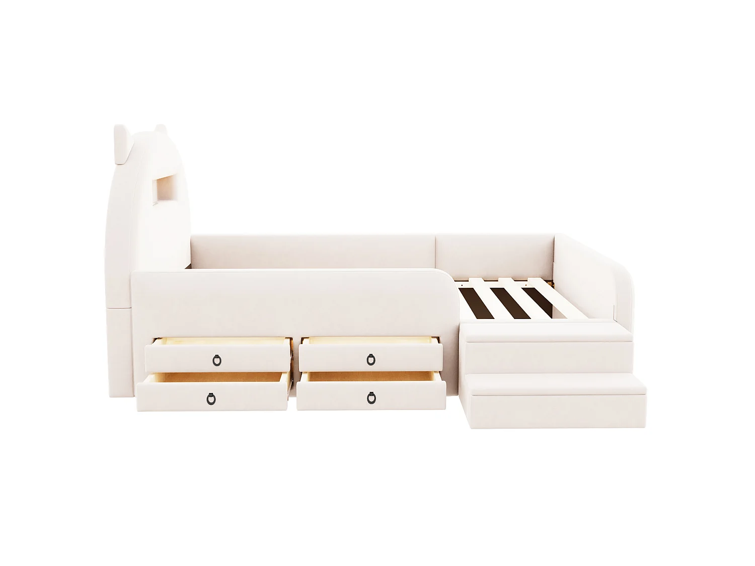 Lit enfant 90x200 cm en velours avec 4 tiroirs, LED et USB - Beige