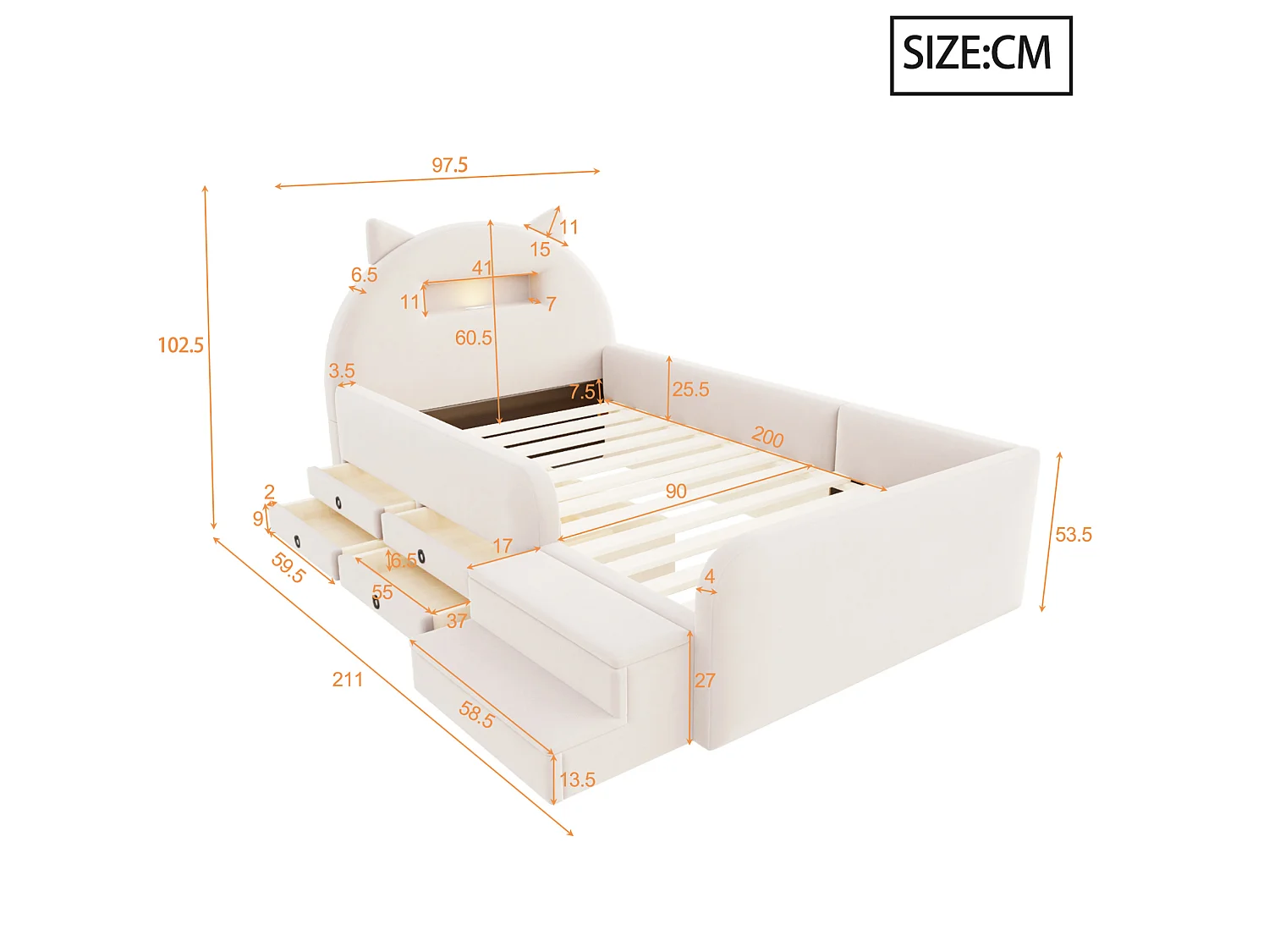 Lit enfant 90x200 cm en velours avec 4 tiroirs, LED et USB - Beige