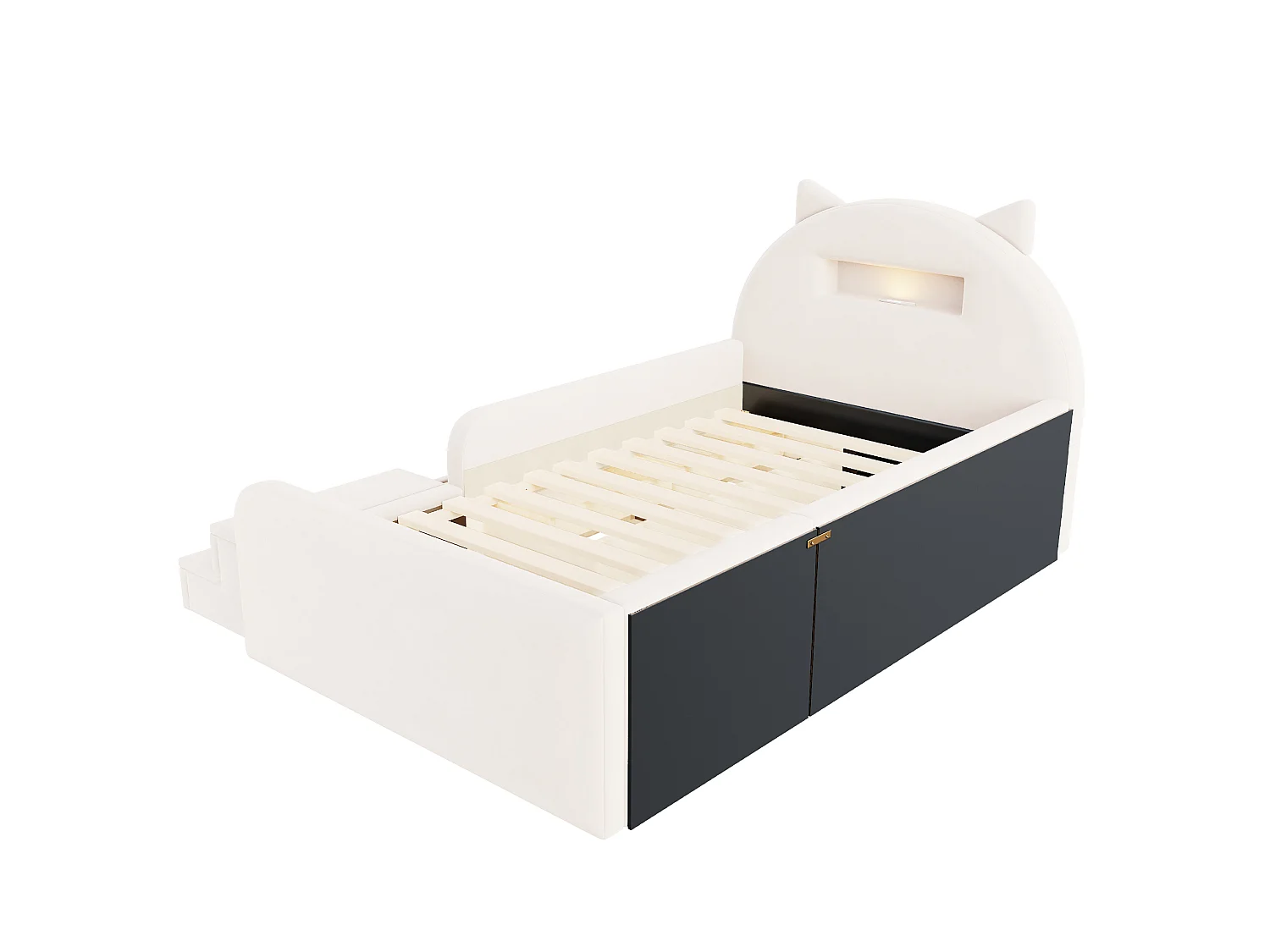 Lit enfant 90x200 cm en velours avec 4 tiroirs, LED et USB - Beige