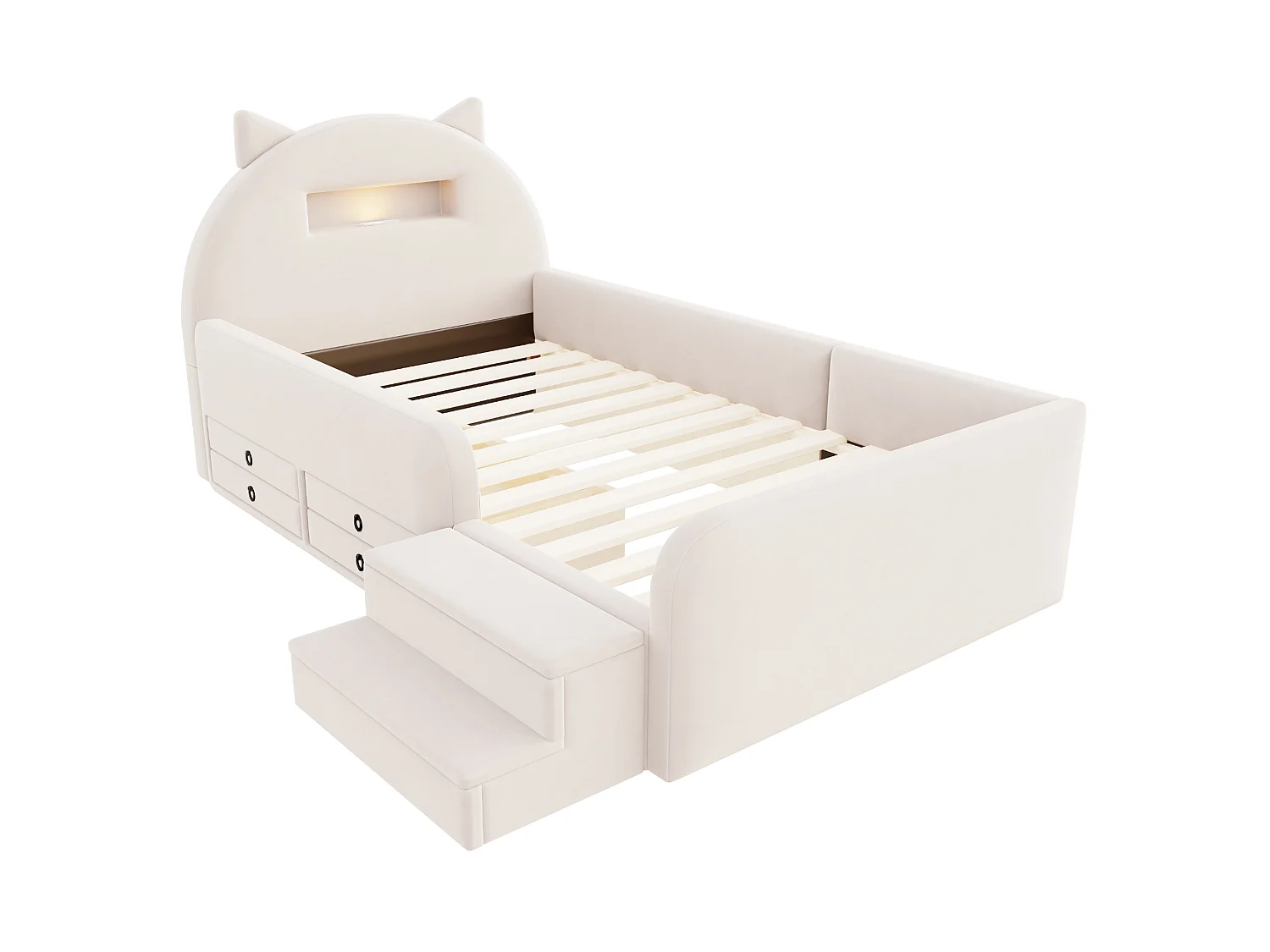 Lit enfant 90x200 cm en velours avec 4 tiroirs, LED et USB - Beige