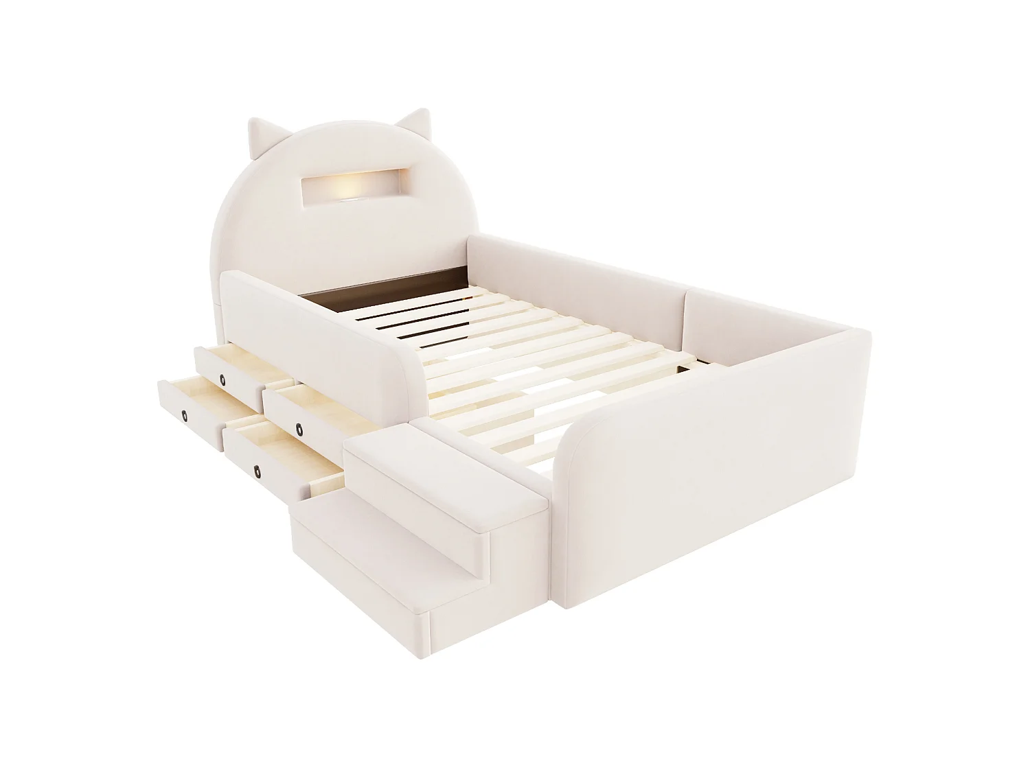 Lit enfant 90x200 cm en velours avec 4 tiroirs, LED et USB - Beige