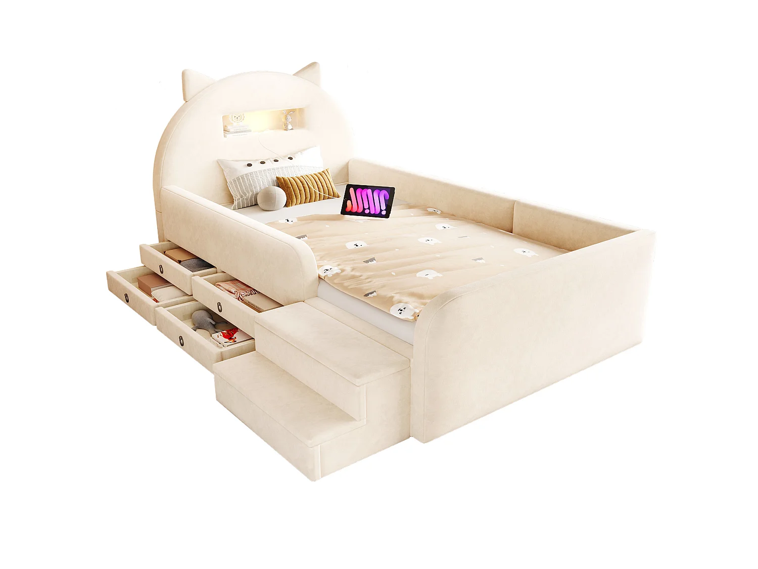 Lit enfant 90x200 cm en velours avec 4 tiroirs, LED et USB - Beige