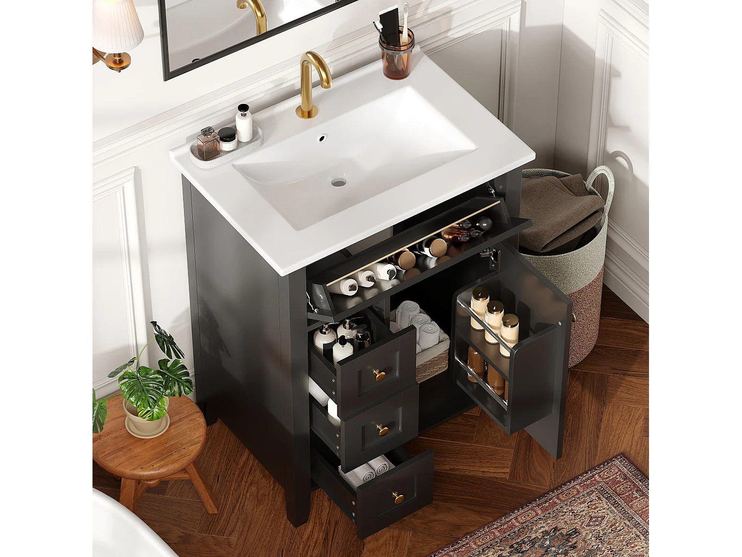 Badrumsskåp 61cm med Keramisk Tvättställ - Under-tvättställsställ på ben, 4 Lådor & Dörr, Elegant Design, Glansig Svartlackad Finish