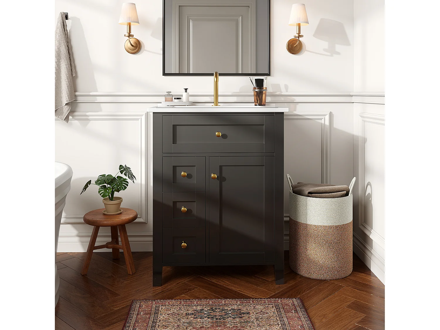 Badrumsskåp 61cm med Keramisk Tvättställ - Under-tvättställsställ på ben, 4 Lådor & Dörr, Elegant Design, Glansig Svartlackad Finish
