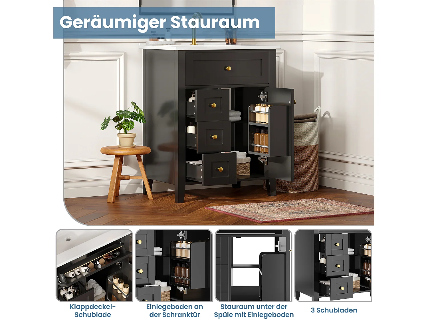 Badrumsskåp 61cm med Keramisk Tvättställ - Under-tvättställsställ på ben, 4 Lådor & Dörr, Elegant Design, Glansig Svartlackad Finish