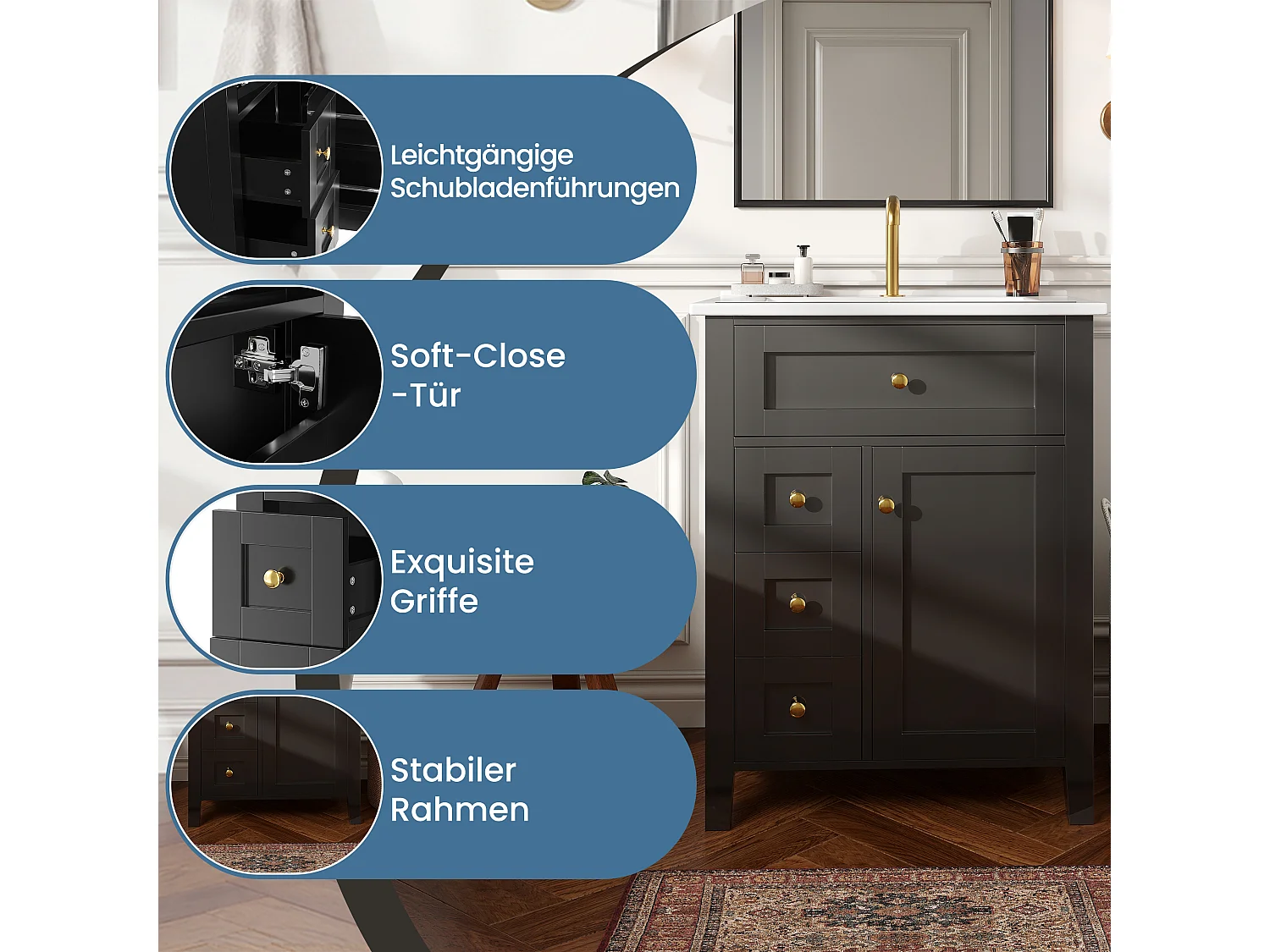 Badrumsskåp 61cm med Keramisk Tvättställ - Under-tvättställsställ på ben, 4 Lådor & Dörr, Elegant Design, Glansig Svartlackad Finish
