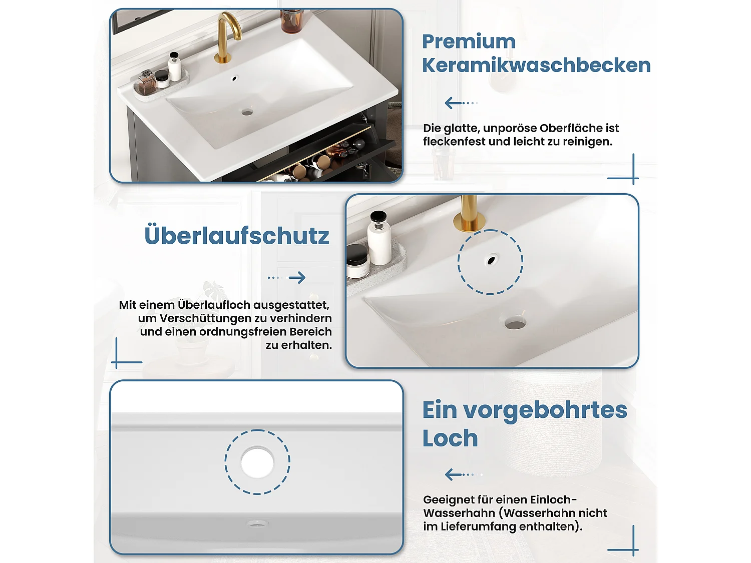 Badrumsskåp 61cm med Keramisk Tvättställ - Under-tvättställsställ på ben, 4 Lådor & Dörr, Elegant Design, Glansig Svartlackad Finish