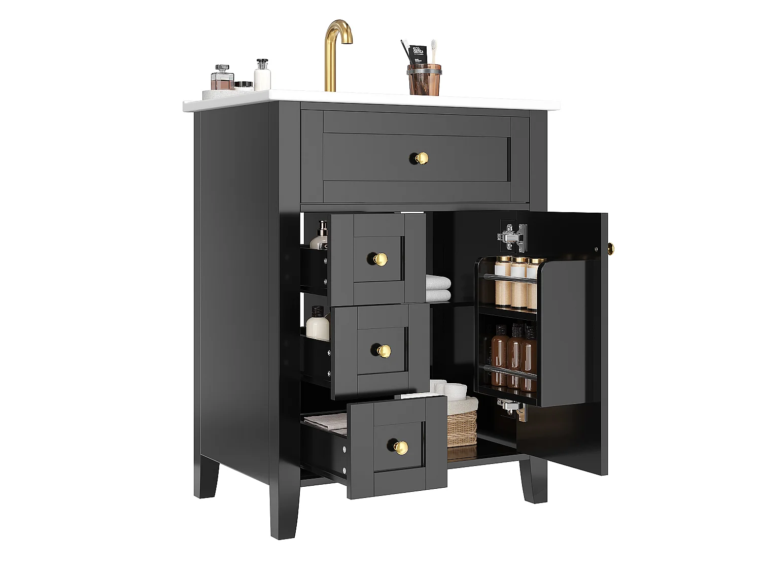 Badrumsskåp 61cm med Keramisk Tvättställ - Under-tvättställsställ på ben, 4 Lådor & Dörr, Elegant Design, Glansig Svartlackad Finish