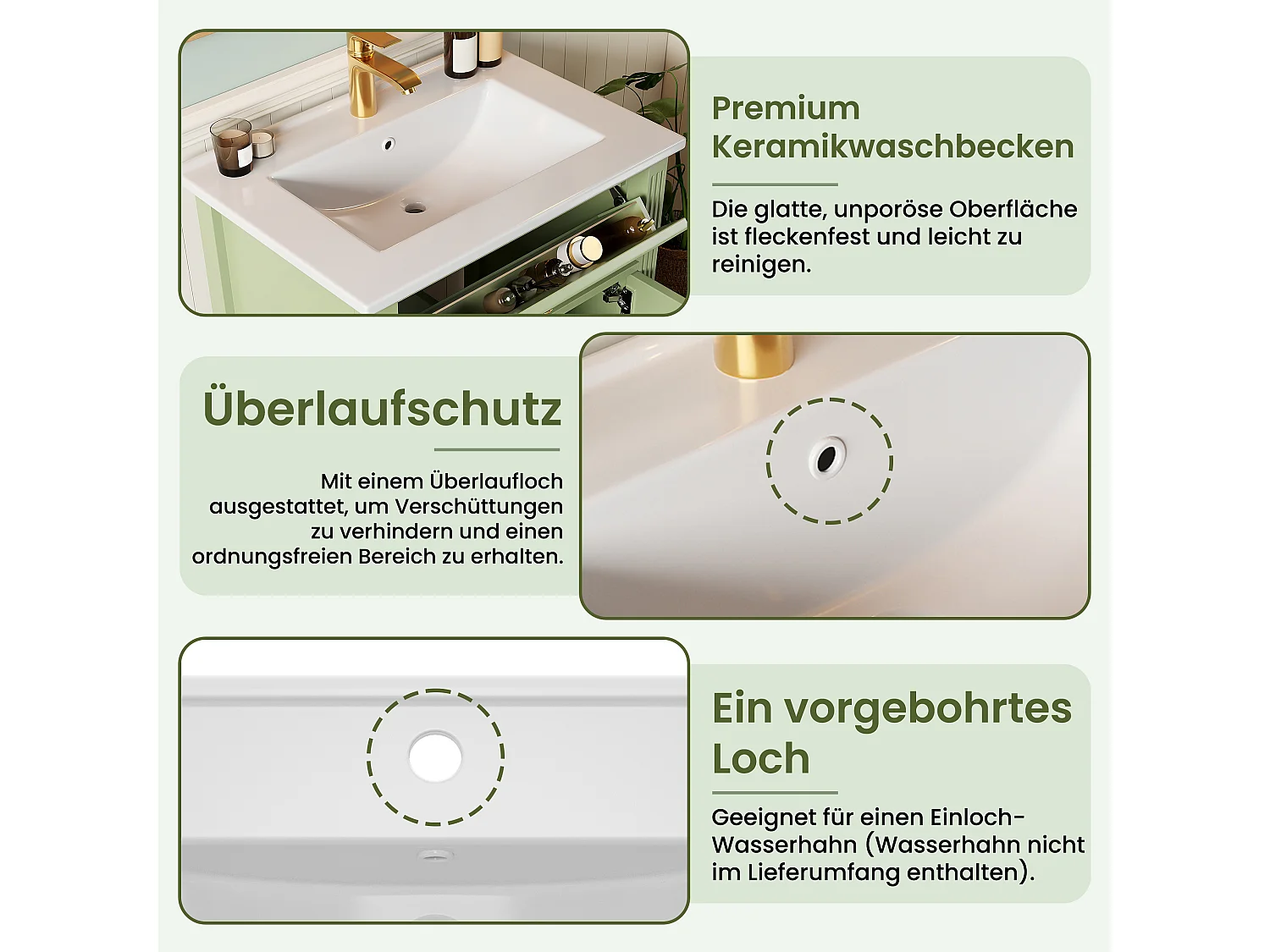 Badrumsskåp 61cm med Keramisk Tvättställ - Under-tvättställsställ på ben, Design "Lantlig Chic", Lådor & Dörr, Blanklackerad Grön Finish