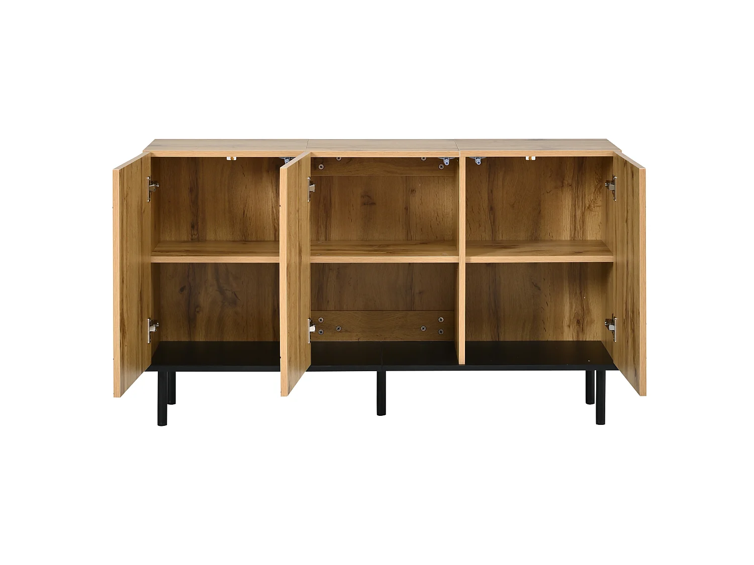 Buffet 120x35x70 cm avec 3 portes et pieds en métal - Motif ondulé - Couleur bois