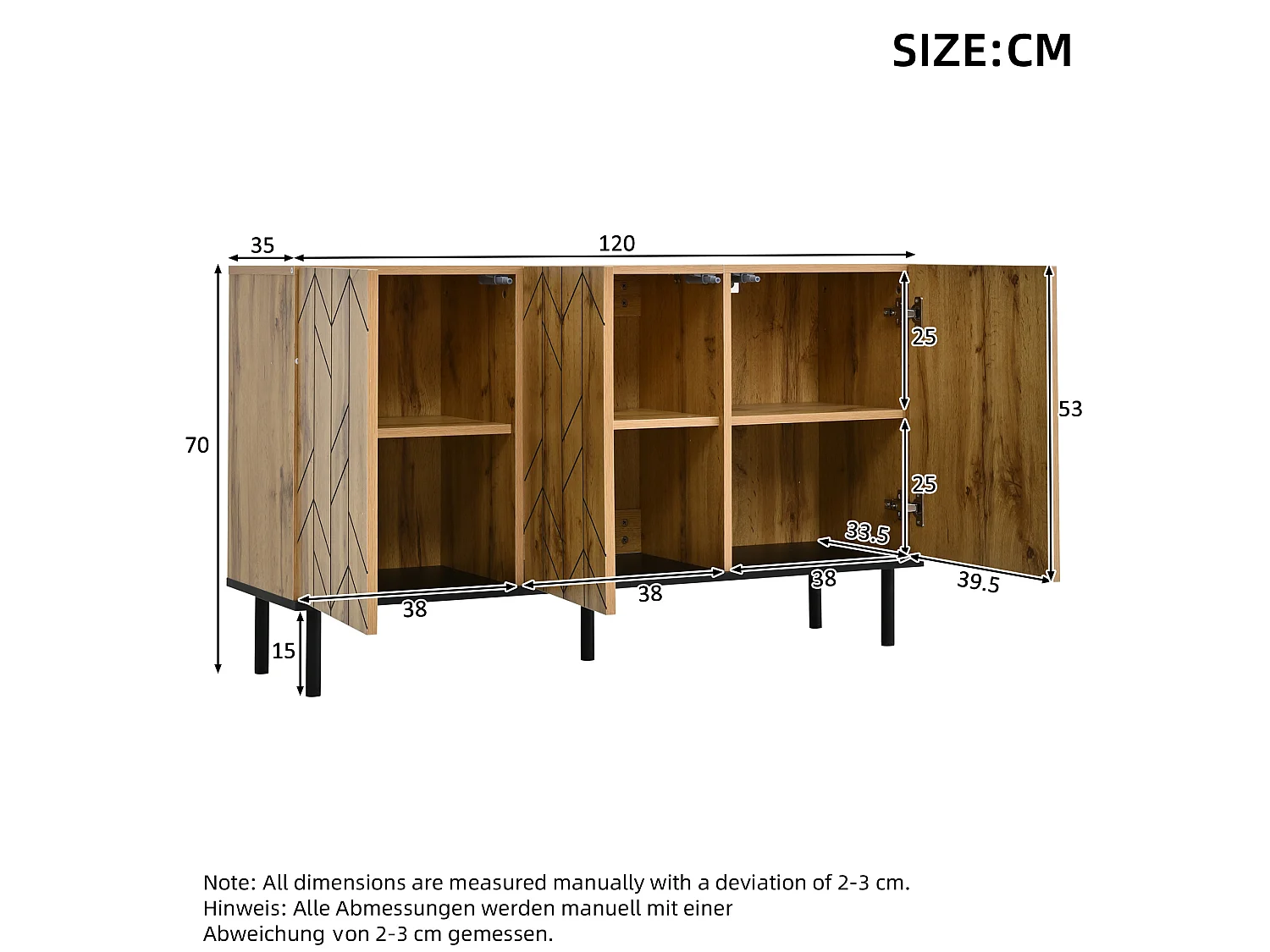 Buffet 120x35x70 cm avec 3 portes et pieds en métal - Motif ondulé - Couleur bois
