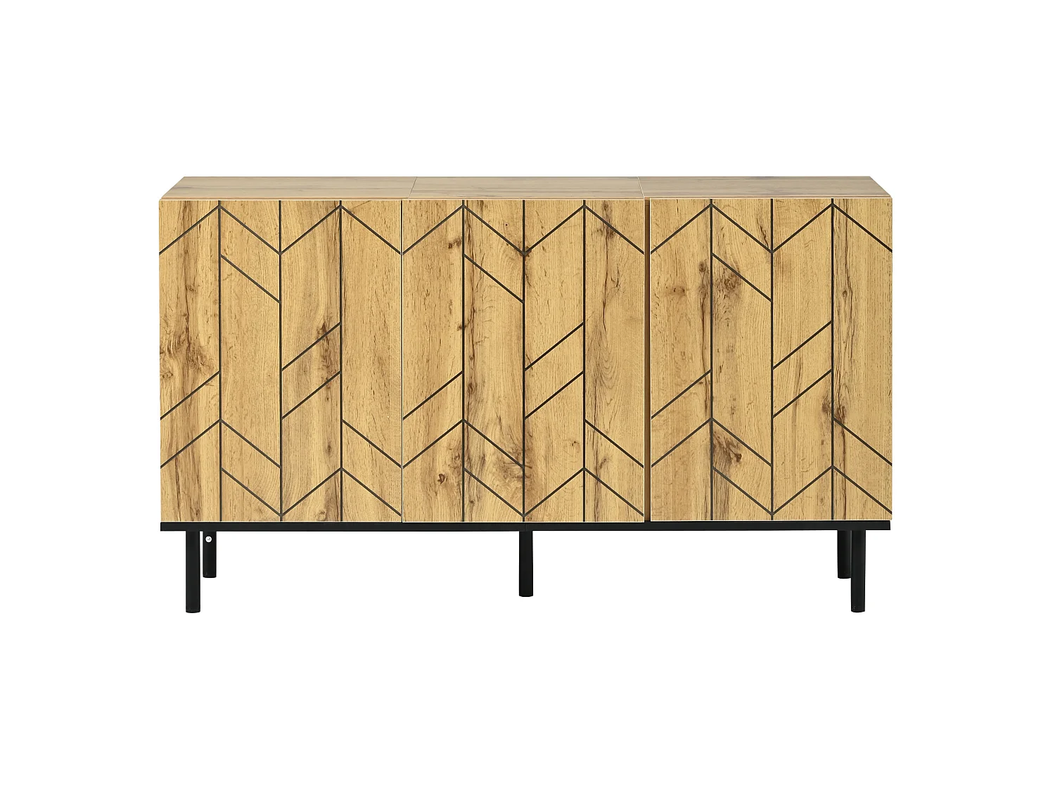 Buffet 120x35x70 cm avec 3 portes et pieds en métal - Motif ondulé - Couleur bois