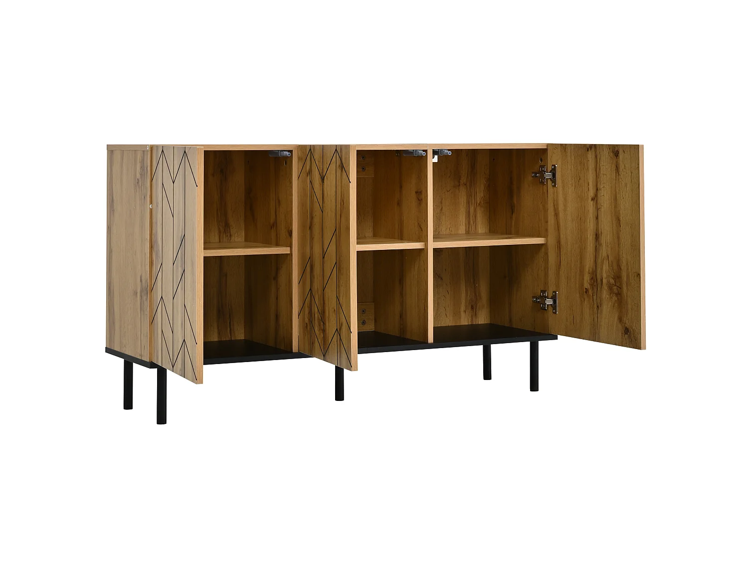 Buffet 120x35x70 cm avec 3 portes et pieds en métal - Motif ondulé - Couleur bois