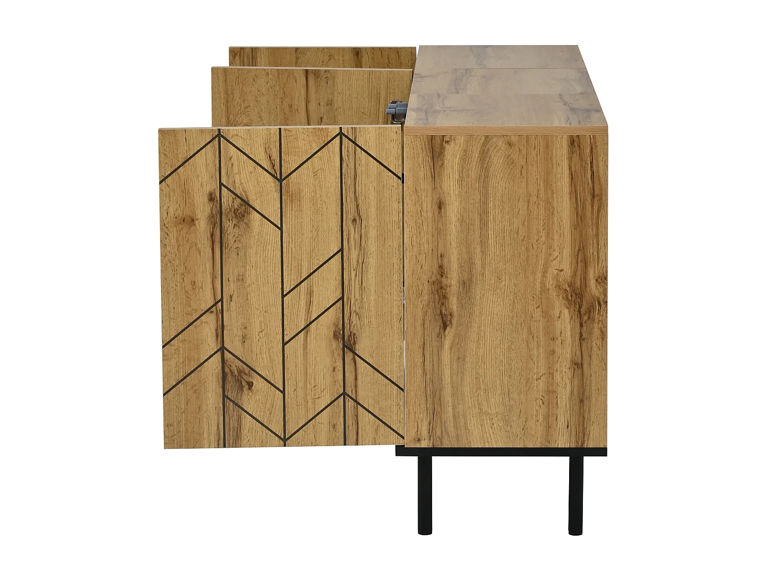 Buffet 120x35x70 cm avec 3 portes et pieds en métal - Motif ondulé - Couleur bois