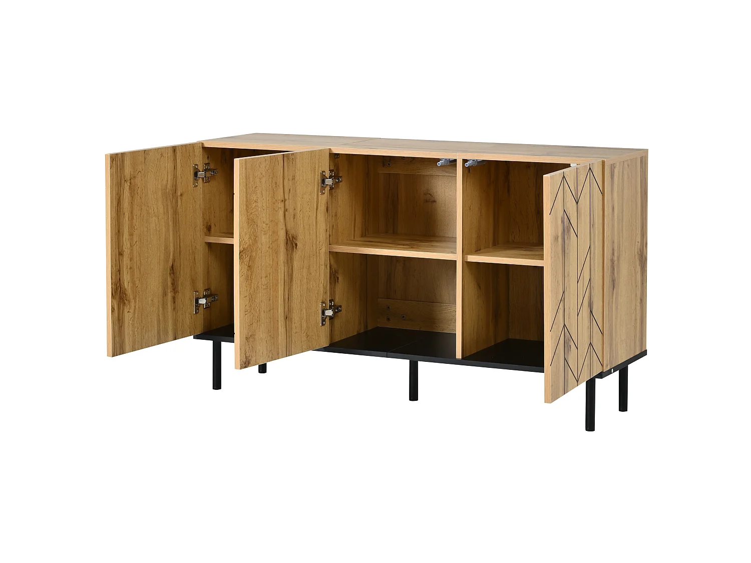 Buffet 120x35x70 cm avec 3 portes et pieds en métal - Motif ondulé - Couleur bois