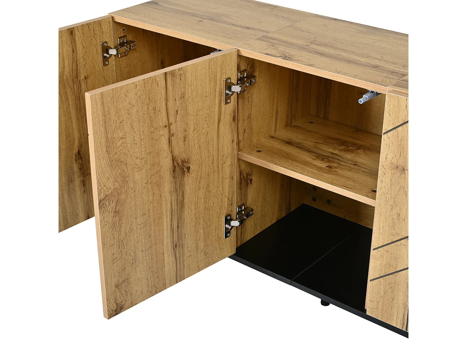 Buffet 120x35x70 cm avec 3 portes et pieds en métal - Motif ondulé - Couleur bois
