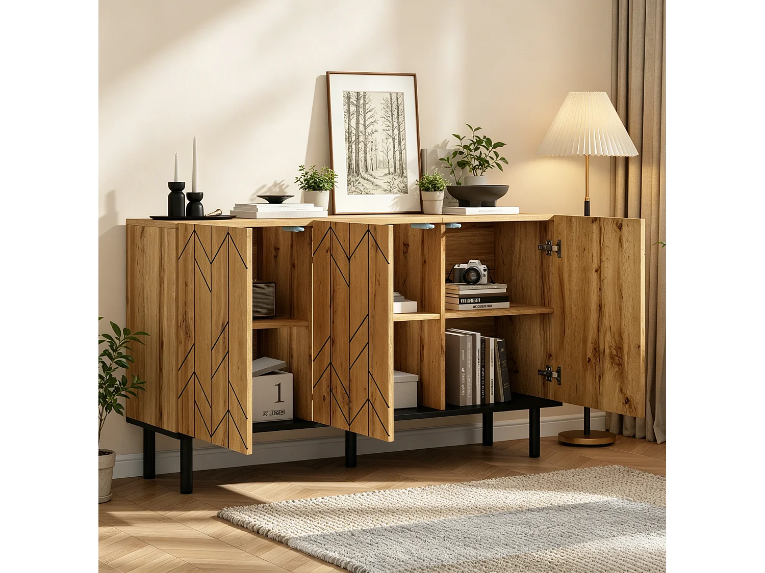 Buffet 120x35x70 cm avec 3 portes et pieds en métal - Motif ondulé - Couleur bois