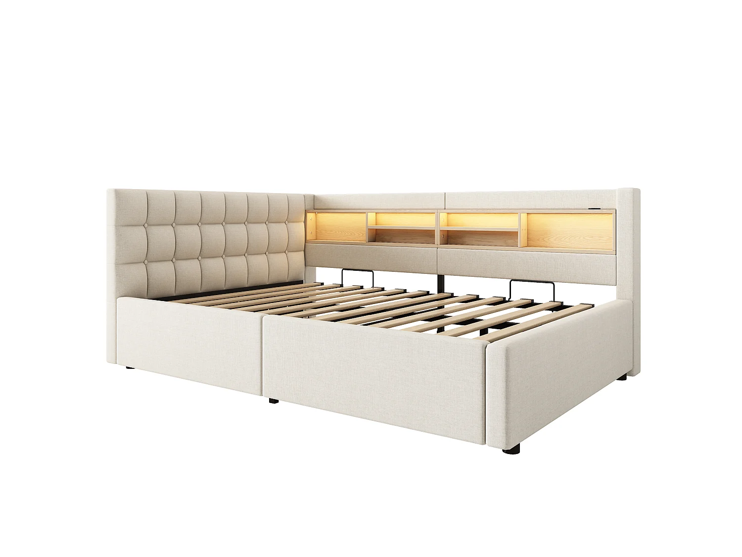Schlafsofa mit Bettkasten 140x200cm - mit LED-Licht - mit Regalen und USB-Anschluss - beige (Matratze nicht enthalten)