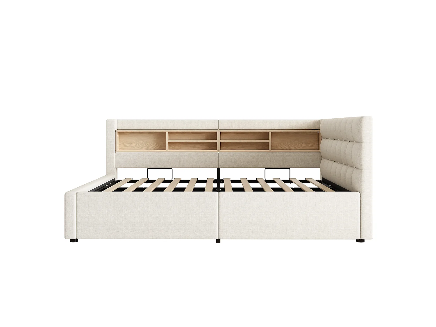 Schlafsofa mit Bettkasten 140x200cm - mit LED-Licht - mit Regalen und USB-Anschluss - beige (Matratze nicht enthalten)