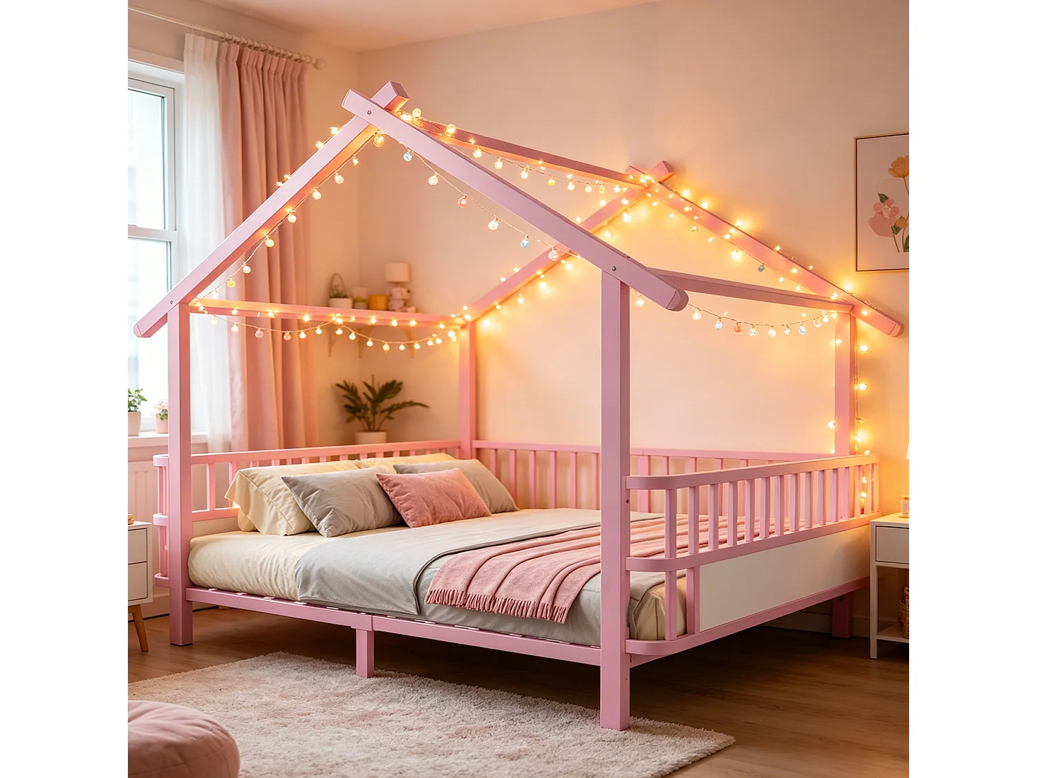 Lit cabane 140x200 cm en métal avec barrières de sécurité - Rose