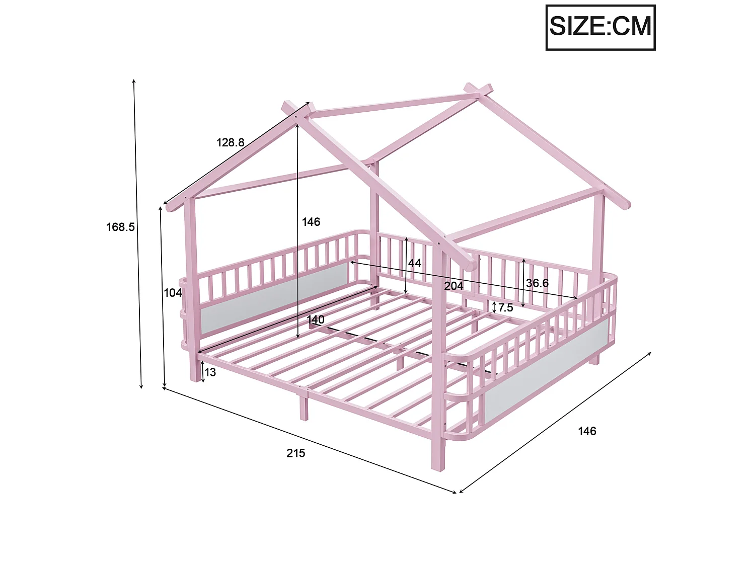 Lit cabane 140x200 cm en métal avec barrières de sécurité - Rose