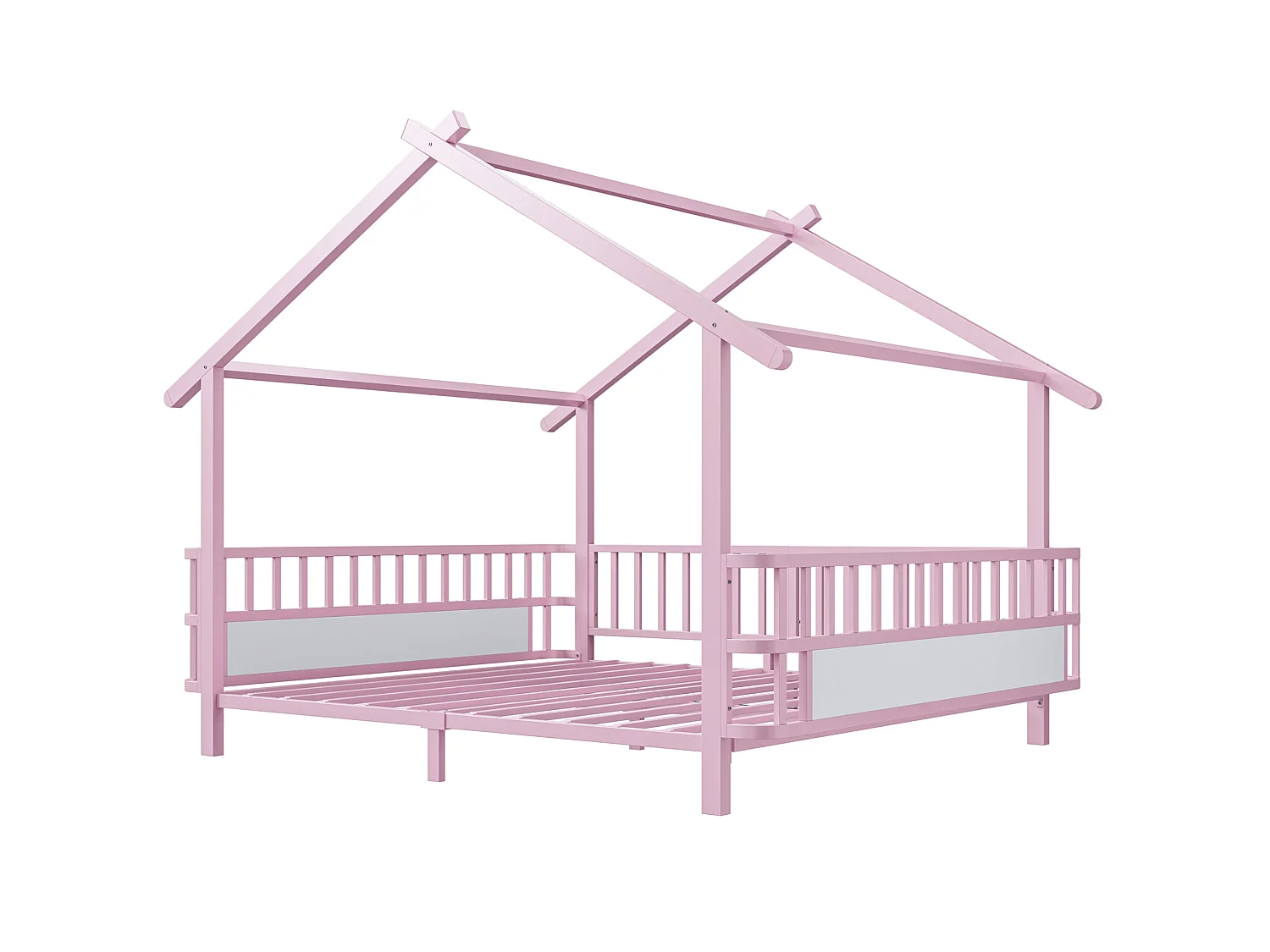 Lit cabane 140x200 cm en métal avec barrières de sécurité - Rose