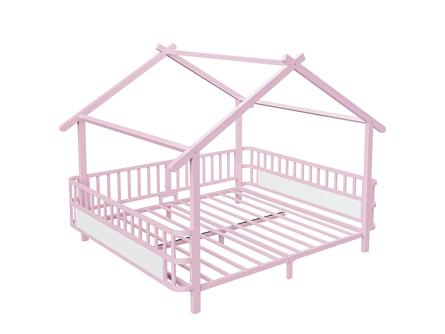 Lit cabane 140x200 cm en métal avec barrières de sécurité - Rose