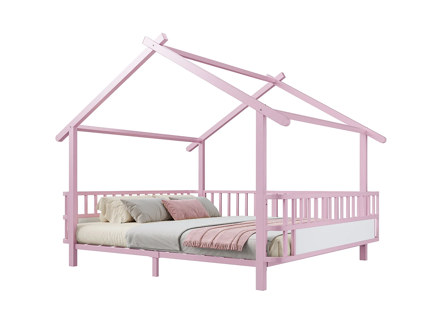 Lit cabane 140x200 cm en métal avec barrières de sécurité - Rose