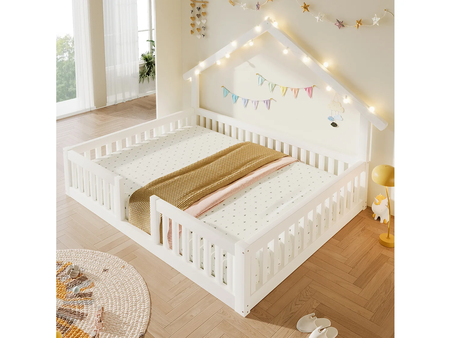 Lit cabane en bois 140x200 cm - avec barrières de sécurité et porte de sécurité - avec LED - MDF+pin - Blanc (matelas non inclus)