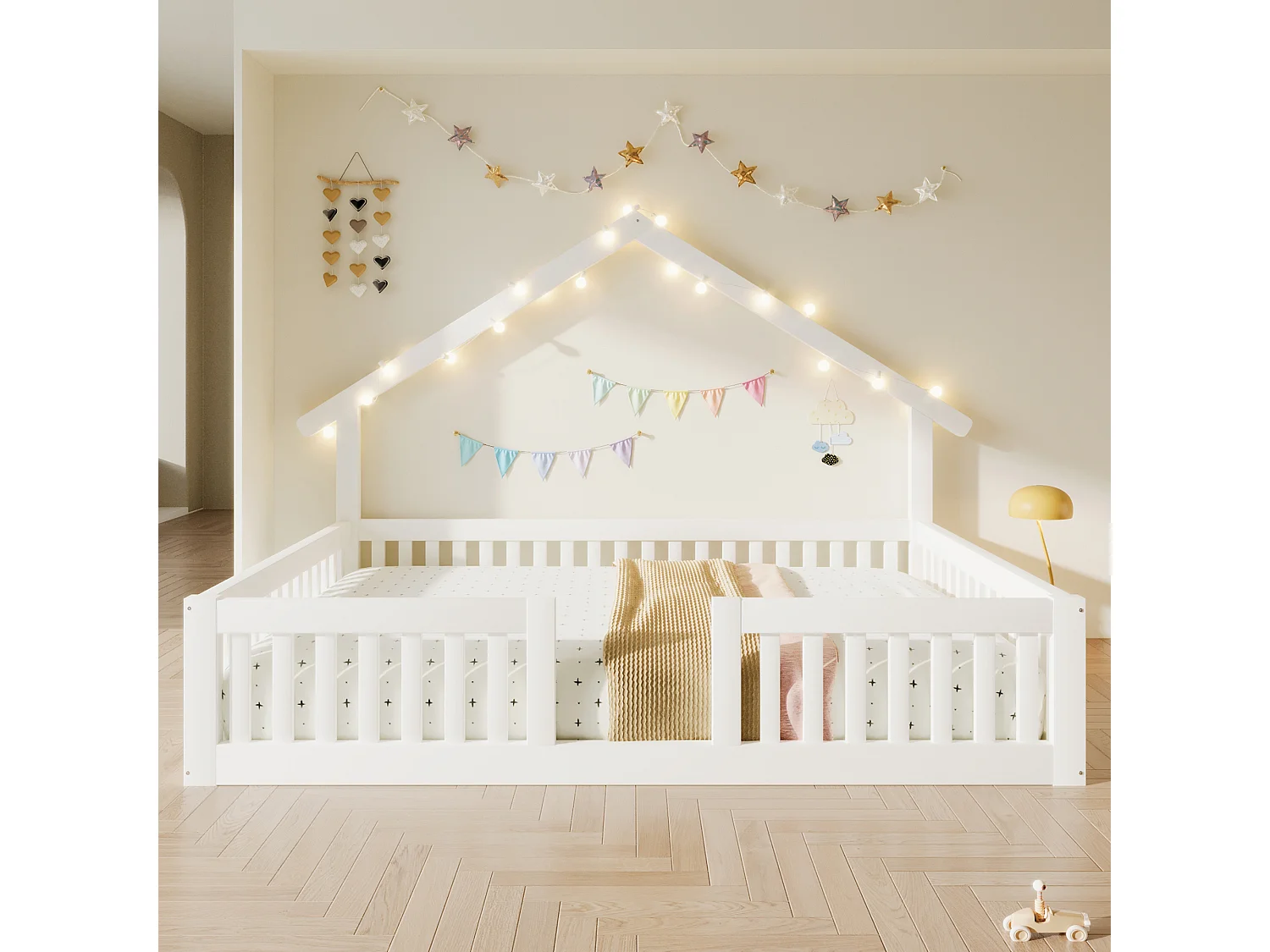 Lit cabane en bois 140x200 cm - avec barrières de sécurité et porte de sécurité - avec LED - MDF+pin - Blanc (matelas non inclus)