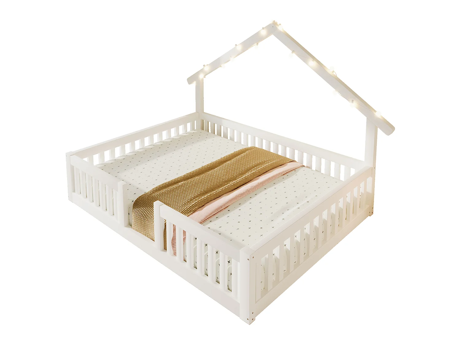 Lit cabane en bois 140x200 cm - avec barrières de sécurité et porte de sécurité - avec LED - MDF+pin - Blanc (matelas non inclus)