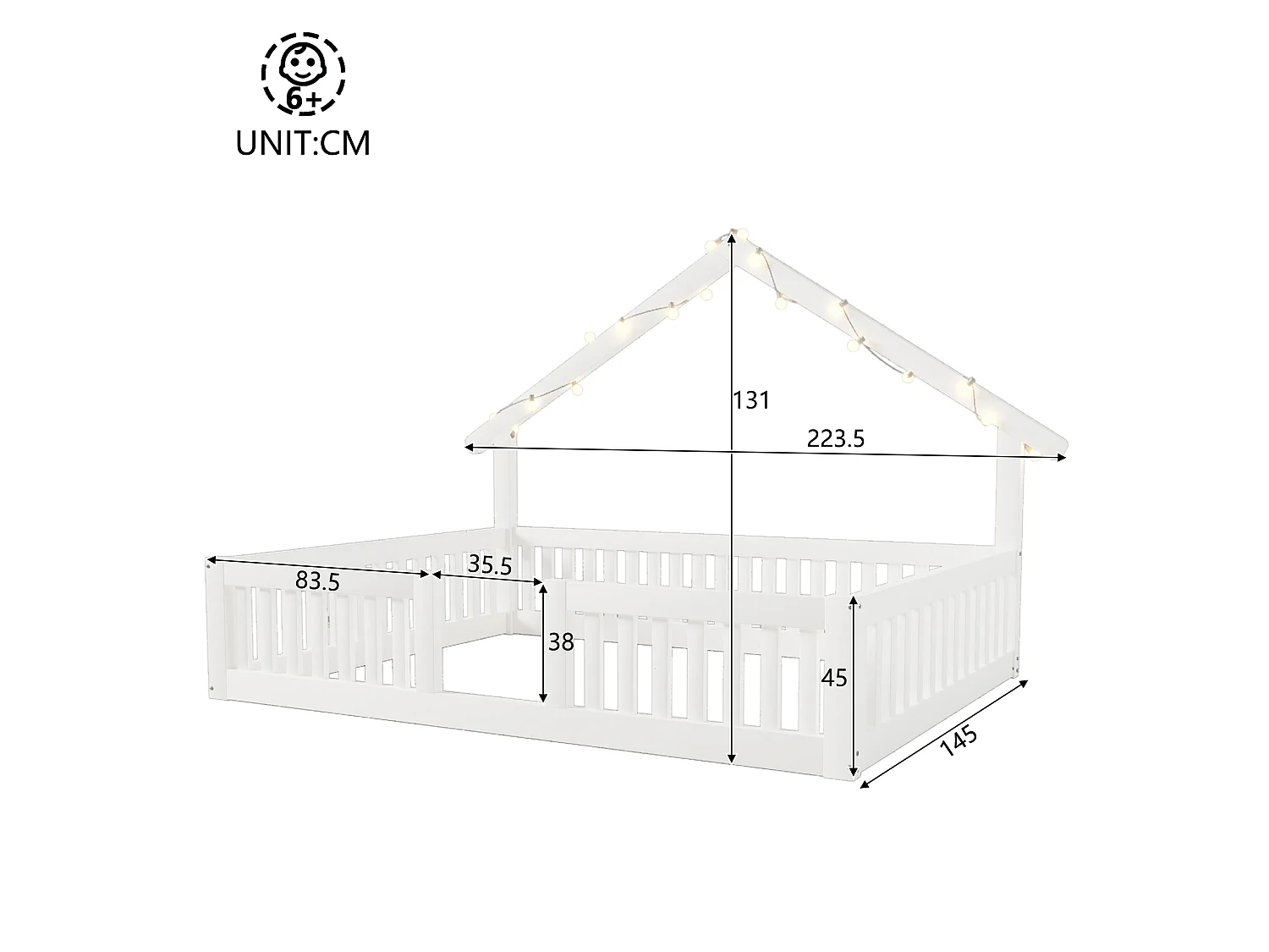 Lit cabane en bois 140x200 cm - avec barrières de sécurité et porte de sécurité - avec LED - MDF+pin - Blanc (matelas non inclus)
