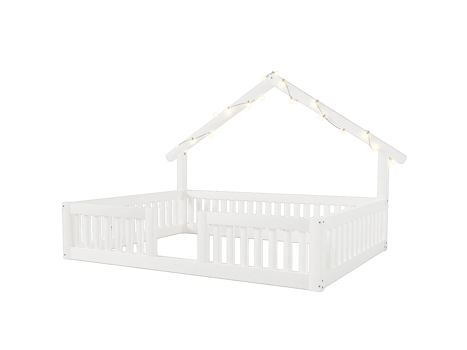 Lit cabane en bois 140x200 cm - avec barrières de sécurité et porte de sécurité - avec LED - MDF+pin - Blanc (matelas non inclus)