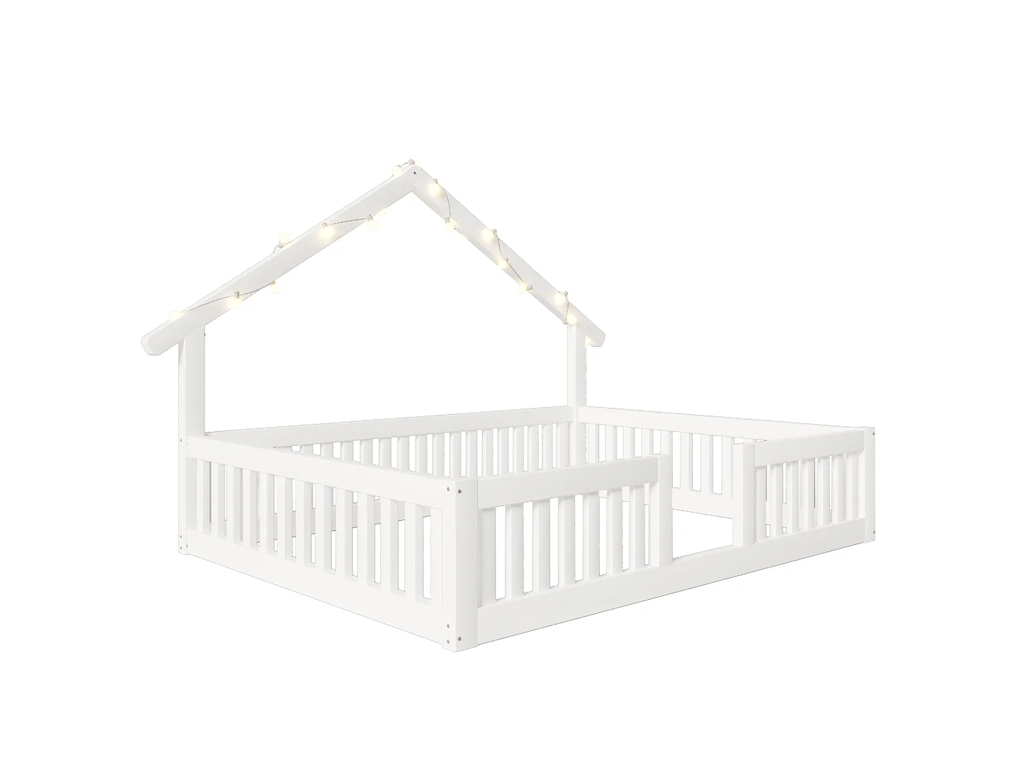 Lit cabane en bois 140x200 cm - avec barrières de sécurité et porte de sécurité - avec LED - MDF+pin - Blanc (matelas non inclus)