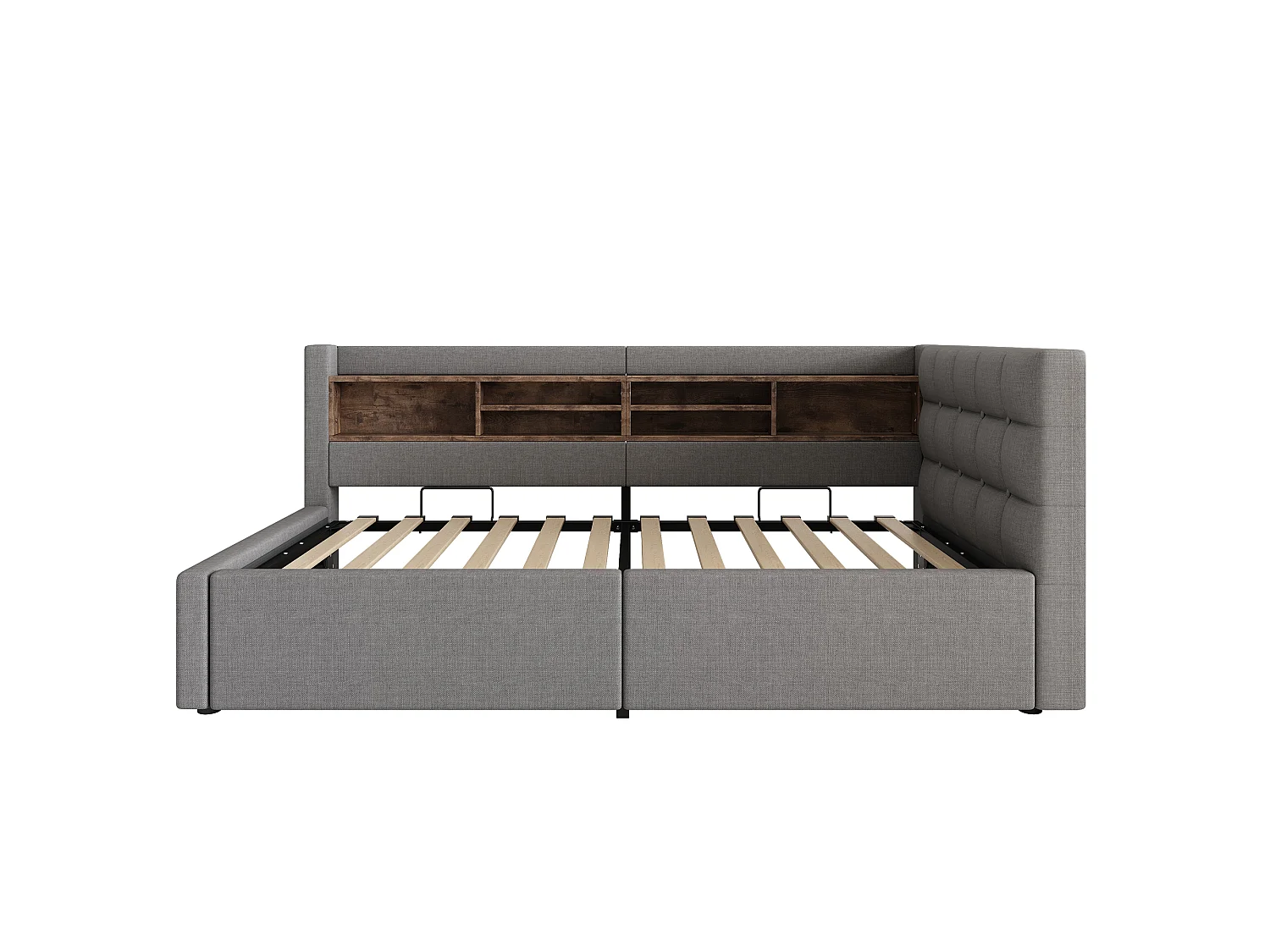Soffbädd med förvaring 90x200cm - med LED-ljus - med hyllor och USB-port - grå (madrass ingår ej)