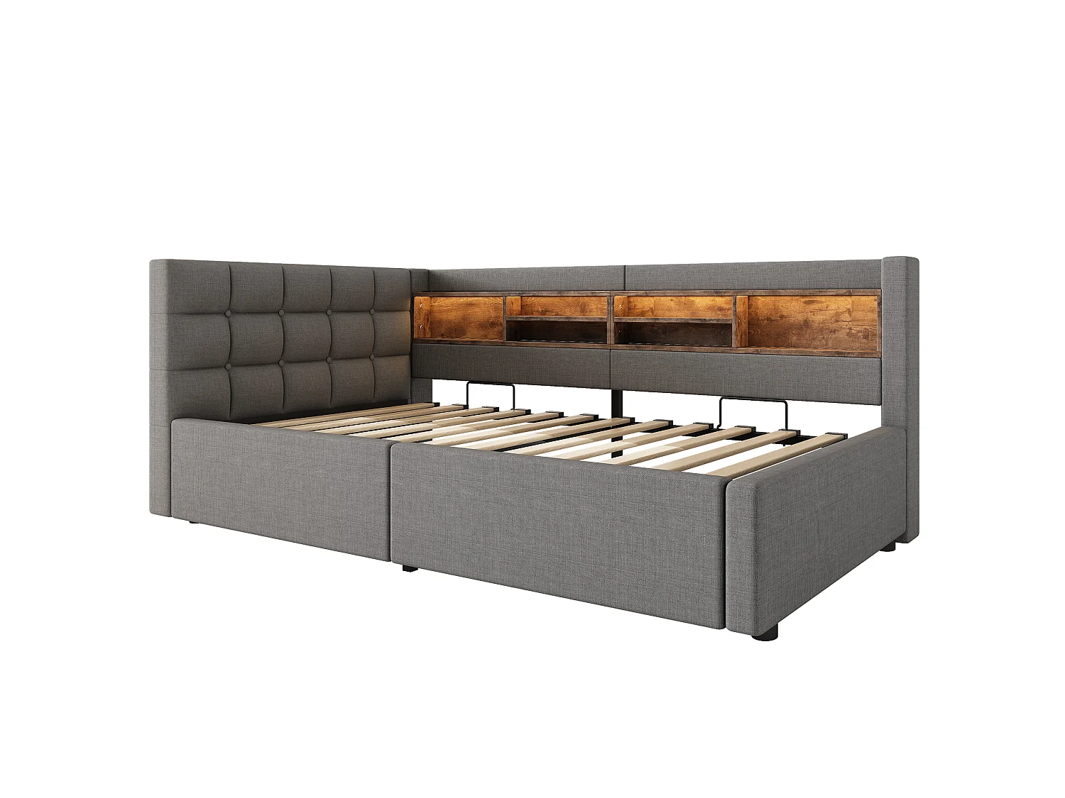 Soffbädd med förvaring 90x200cm - med LED-ljus - med hyllor och USB-port - grå (madrass ingår ej)