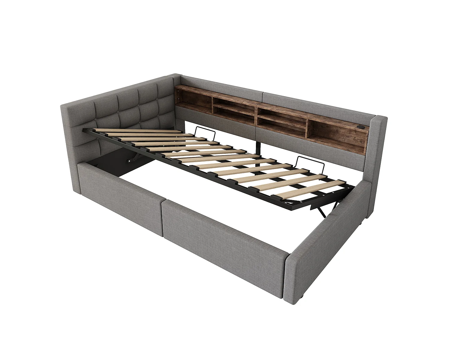 Soffbädd med förvaring 90x200cm - med LED-ljus - med hyllor och USB-port - grå (madrass ingår ej)