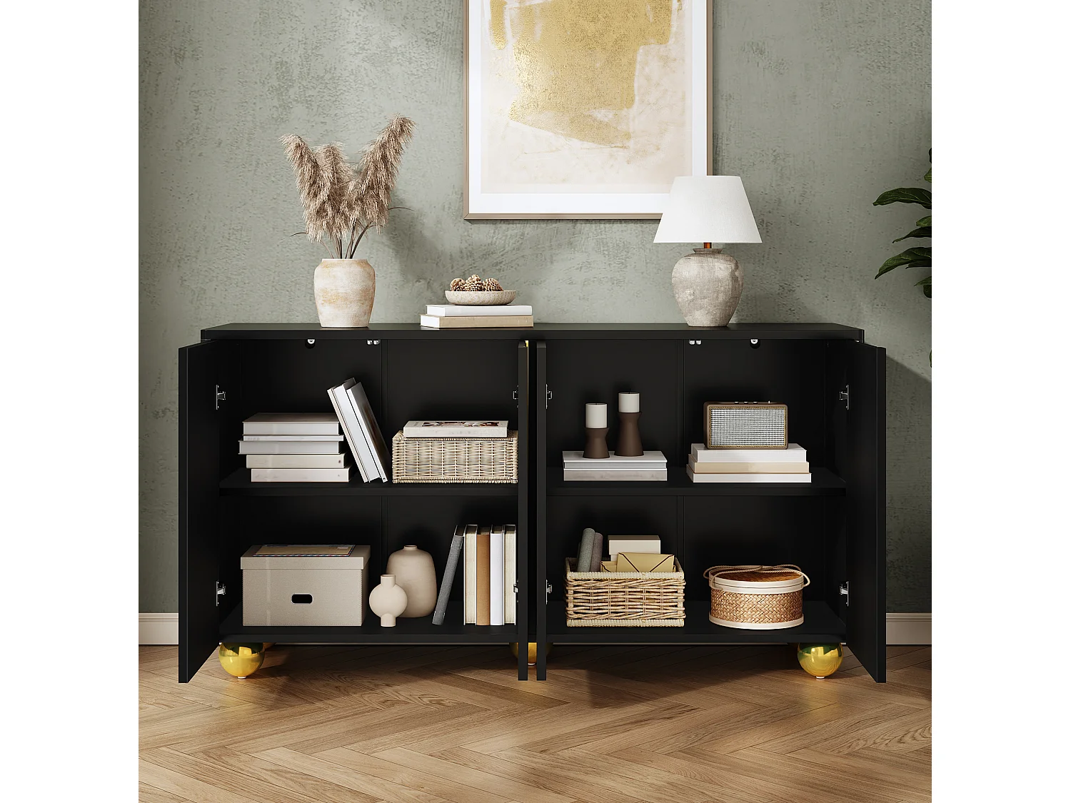 Dressoir 140x40x74 cm met 4 deuren en gouden metalen poten - Zwart