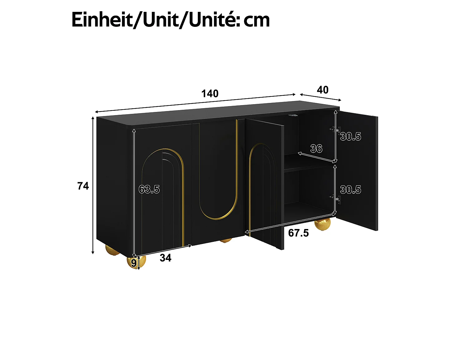 Dressoir 140x40x74 cm met 4 deuren en gouden metalen poten - Zwart