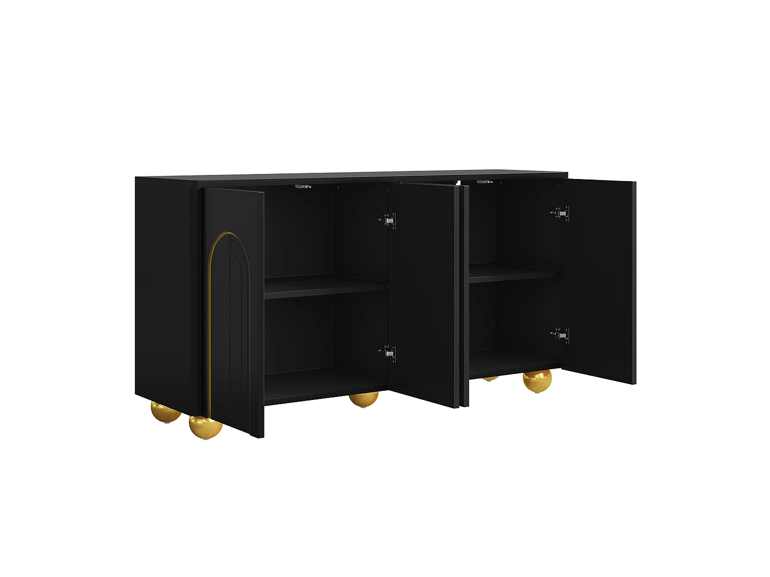Dressoir 140x40x74 cm met 4 deuren en gouden metalen poten - Zwart